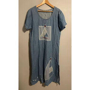 Vintage Sante Dress Womens Large Blue Denim Sailboat Nautical Maxi Coastal 90s